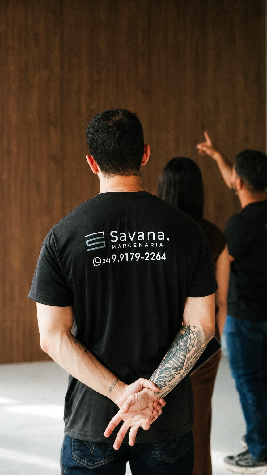 Integrante da equipe Savana com camiseta da marcenaria
